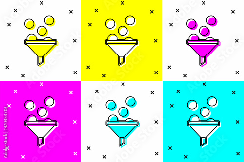Set Lead management icon isolated on color background. Funnel with money. Target client business concept. Vector