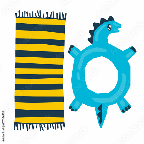 Vector flat illustration with a beach mat and an inflatable dragon ring. The concept of beach holidays, tourism, travel. You can use the element of web design, banners.