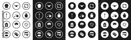 Set Ticket, Vintage bicycle with one big wheel and one small, Magic wand, ball, Ghost, Jester hat bells, Target sport for shooting competition and box office icon. Vector