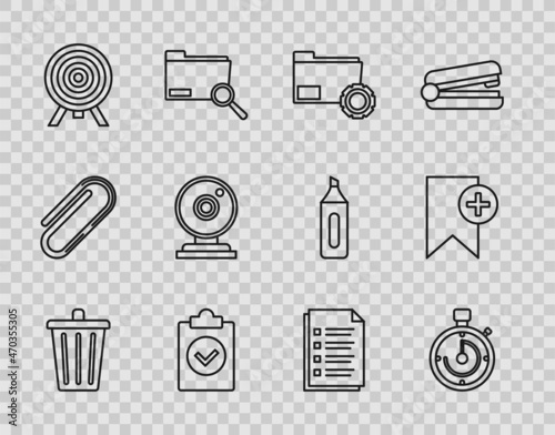 Set line Trash can, Briefcase, Folder settings with gears, Completed task, Target, Web camera, File document and Bookmark icon. Vector