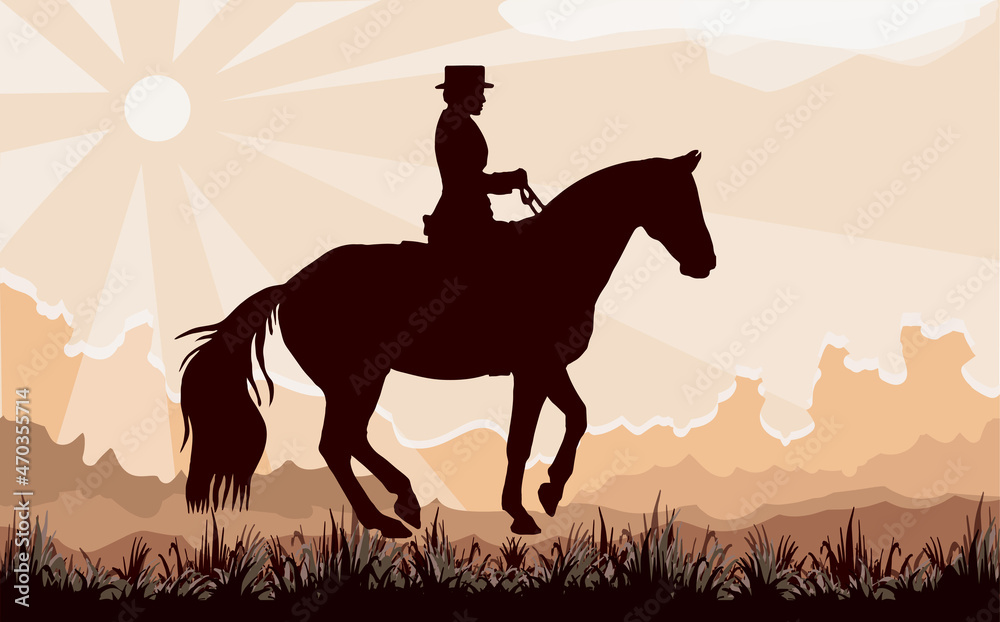 a hand-drawn realistic silhouette of a horsewoman isolated on a colored landscape background in the rays of the sun a hand-drawn realistic silhouette of a horsewoman isolated on a colored landscape background in the rays of the sun