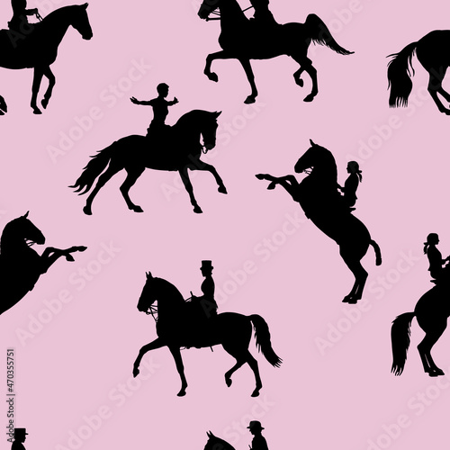 silhouettes of female riders isolated on a rose background  seamless background  pattern for decoration  equestrian sports 