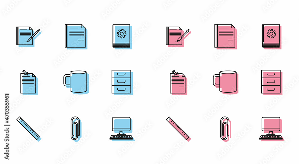 Set line Ruler, Paper clip, Blank notebook and pen, Computer monitor with keyboard, Coffee cup flat, Drawer documents, Note paper pinned pushbutton and File icon. Vector Set line Ruler, Paper clip, Blank notebook and pen, Computer monitor with keyboard, Coffee cup flat, Drawer documents, Note paper pinned pushbutton and File icon. Vector
