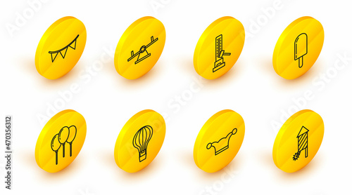 Set line Firework rocket, Jester hat with bells, Hot air balloon, Balloons ribbon, Ice cream, High striker attraction big hammer, Seesaw and Carnival garland flags icon. Vector