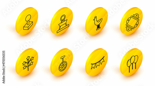 Set line Balloons with ribbon, Carnival garland flags, Unicycle or one wheel bicycle, Fireworks, Ticket, Riding kid duck, Attraction carousel and Joystick for arcade machine icon. Vector