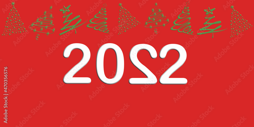 Naklejka premium Happy New Year 2022. White numbers and green Christmas trees on red background. Copy space. Heart symbol