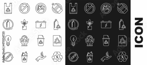 Set line Recycle symbol and leaf, Paper with recycle, Recycling plastic bottle, No trash, Plant, Plastic bag and Car battery icon. Vector