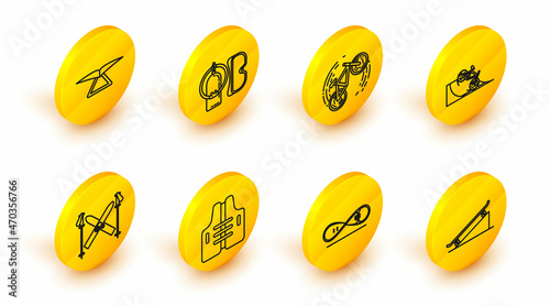 Set line Skateboard on street ramp, trick, Life jacket, Ski and sticks, Bicycle, Diving mask aqualung and Hang glider icon. Vector