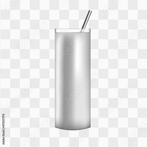 White 3d tumbler mockup template design. Silver takeaway coffee cup with steel straw. Isolated vector reusable mug