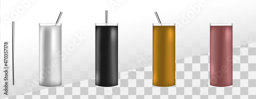 Set of 3d tumbler mockups. Thermo bottle template to place your design and use for preview. Reusable plastic cup for takeaway coffee.