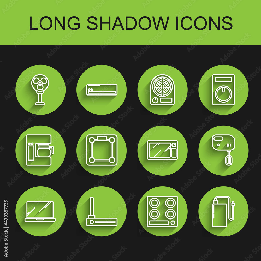 Set line Laptop, Router and wi-fi signal, Electric fan, Gas stove, Power bank with different charge cable, Bathroom scales, mixer and Microwave oven icon. Vector Set line Laptop, Router and wi-fi signal, Electric fan, Gas stove, Power bank with different charge cable, Bathroom scales, mixer and Microwave oven icon. Vector