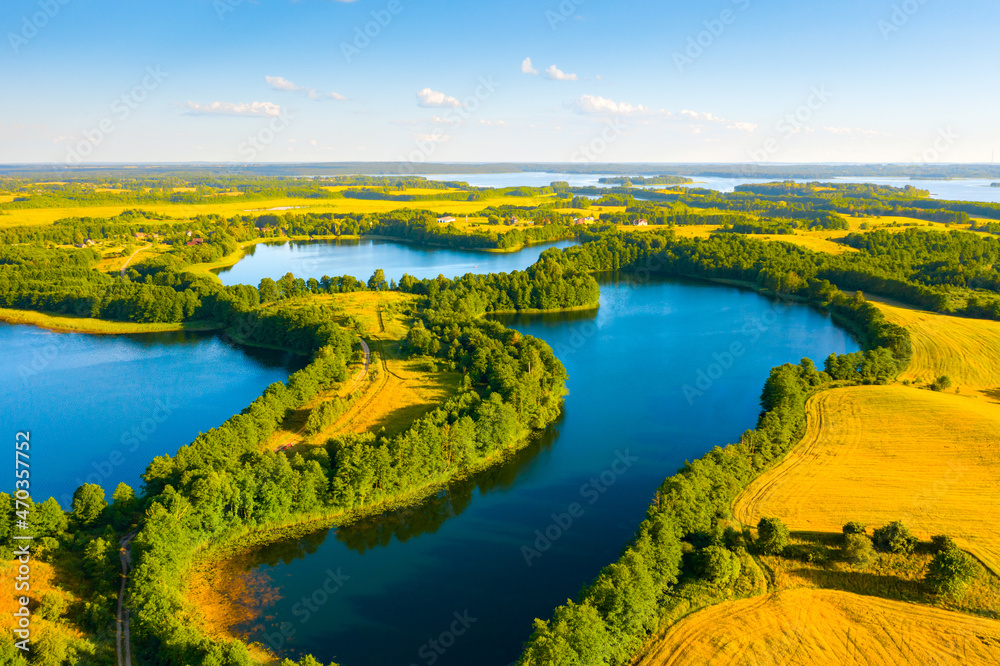 Aerial view of lakes in Narachanski National Park, Belarus