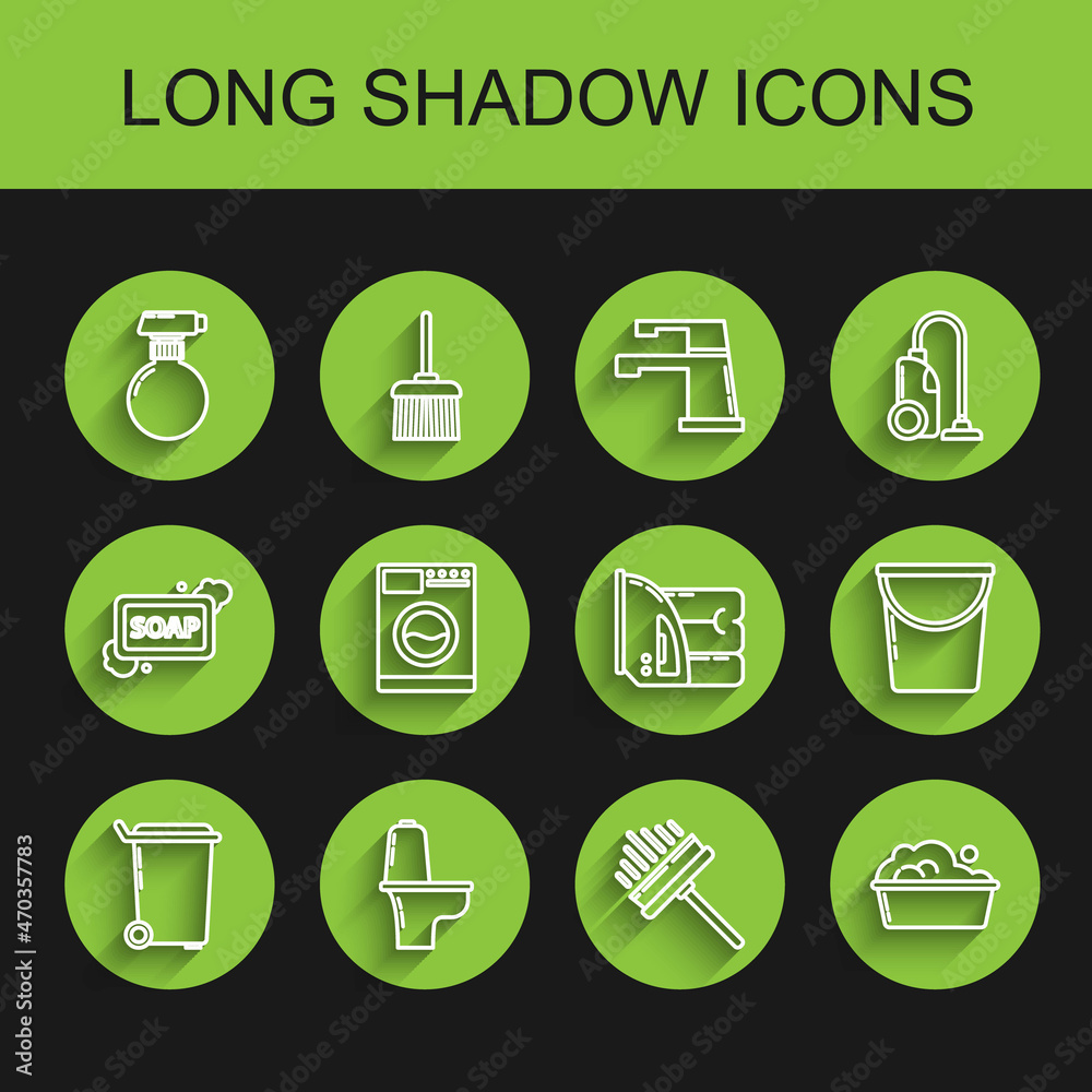Set line Trash can, Toilet bowl, Squeegee, scraper, wiper, Plastic basin with soap suds, Washer, Bucket and Electric iron and towel icon. Vector Set line Trash can, Toilet bowl, Squeegee, scraper, wiper, Plastic basin with soap suds, Washer, Bucket and Electric iron and towel icon. Vector