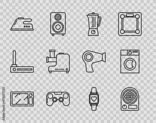 Set line Microwave oven, Electric heater, Blender, Gamepad, iron, Kitchen meat grinder, Smart watch showing heart beat rate and Washer icon. Vector