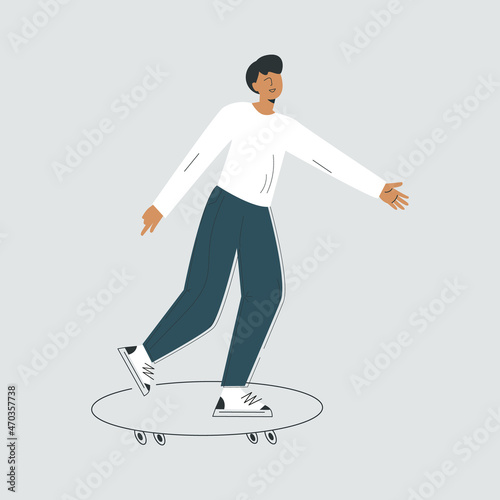 Young man riding skateboard pushing with foot. Urban character on long board. Cool skater guy on skate board. Modern skateboarder moving forward. Flat vector illustration isolated on background
