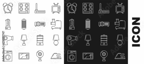 Set line Electric iron, Table lamp, Kitchen meat grinder, Router and wi-fi signal, Stereo speaker, Blender, Alarm clock and icon. Vector
