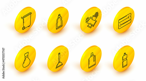 Set line Plastic bottles for liquid dishwashing liquid, Toilet plunger, Garbage bag, Towel stack, Rubber gloves, and Trash can icon. Vector