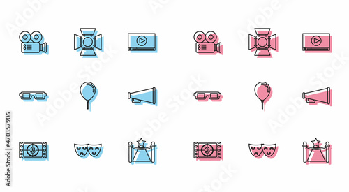 Set line Play Video, Comedy and tragedy theatrical masks, Cinema camera, Carpet with barriers star, Balloon ribbon, Megaphone, 3D cinema glasses and Movie spotlight icon. Vector