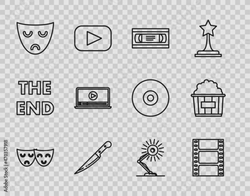 Set line Comedy and tragedy theatrical masks, Play Video, VHS video cassette tape, Knife, Drama, Online play, Table lamp and Popcorn cardboard box icon. Vector