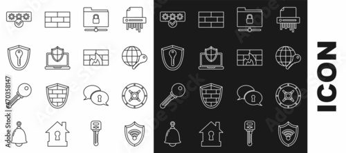 Set line Shield with WiFi wireless internet network, Safe, Globe key, FTP folder and lock, Laptop protected shield, Password protection safety access and Firewall, security wall icon. Vector