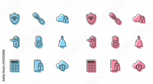 Set line Password protection and safety access, Shield WiFi wireless internet network, Cloud shield, Safe combination wheel, Ringing bell, Door handle and Chain link icon. Vector