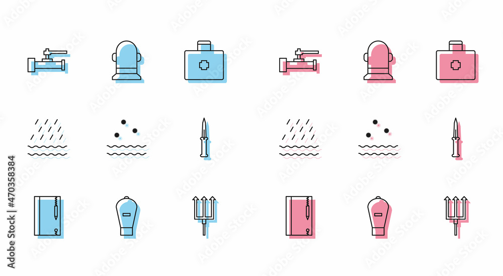 Set line Underwater note book and pencil, Lift bag, Industry metallic pipes valve, Neptune Trident, Cold waves, Army knife, Rain and Buoy icon. Vector Set line Underwater note book and pencil, Lift bag, Industry metallic pipes valve, Neptune Trident, Cold waves, Army knife, Rain and Buoy icon. Vector