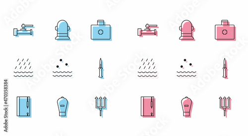 Set line Underwater note book and pencil, Lift bag, Industry metallic pipes valve, Neptune Trident, Cold waves, Army knife, Rain and Buoy icon. Vector