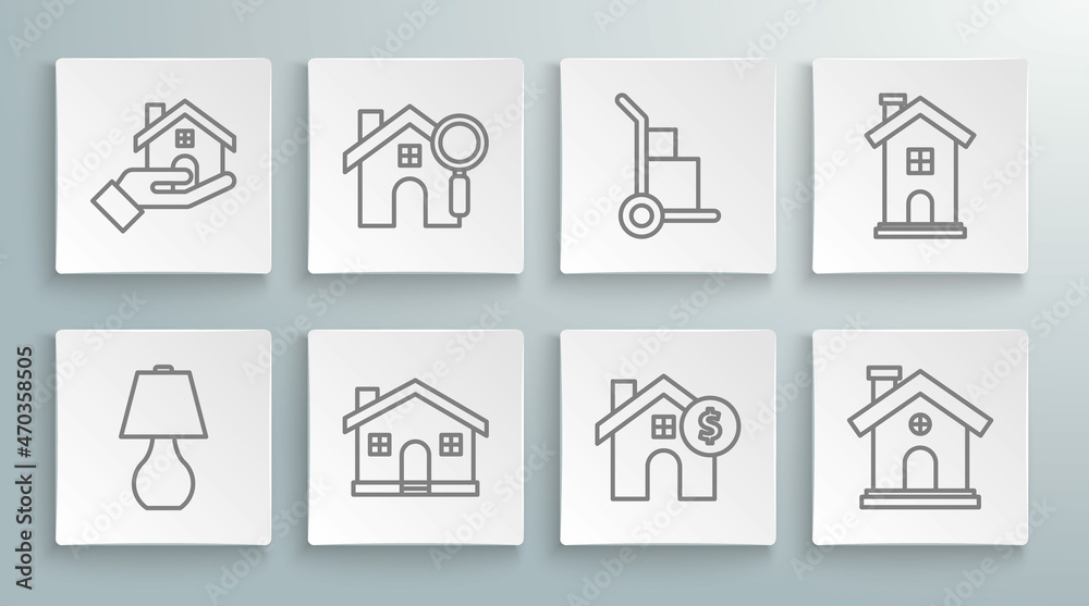 Set line Table lamp, Search house, House, with dollar symbol, Hand truck and boxes, Home and Realtor icon. Vector Set line Table lamp, Search house, House, with dollar symbol, Hand truck and boxes, Home and Realtor icon. Vector