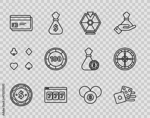 Set line Casino chip with dollar, Game dice, Lucky wheel, Online slot machine lucky sevens jackpot, Credit card, chips, Billiard pool snooker 8 ball and roulette icon. Vector