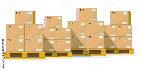 Boxes on wooded pallet illustration, flat style warehouse cardboard parcel boxes stack front view image Box on pallet in warehouse. Cardboard boxes in front on wooden palettes. Icon of delivery