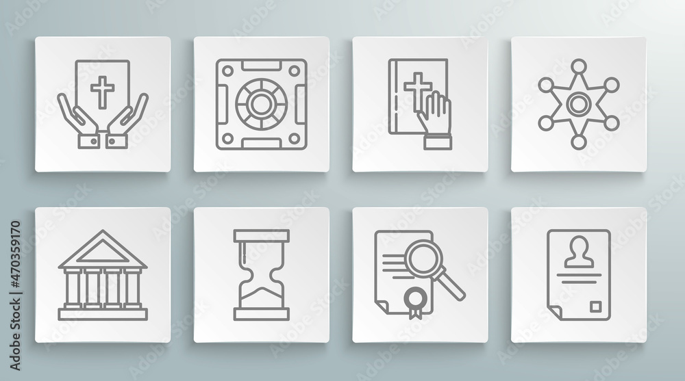 Set line Courthouse building, Safe, Old hourglass, Document with search, Identification badge, Oath the Holy Bible, Hexagram sheriff and icon. Vector Set line Courthouse building, Safe, Old hourglass, Document with search, Identification badge, Oath the Holy Bible, Hexagram sheriff and icon. Vector