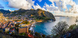 Breathtaking scenery of Madeira island, View of Machico town and beautiful bay with sandy beach. Eastern part of the island. Portugal travel