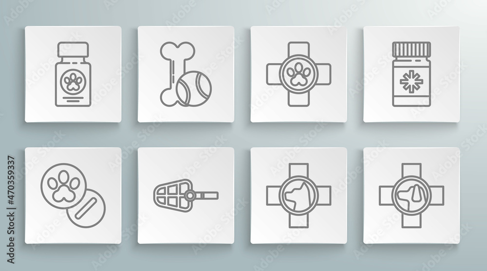 Set line Dog and pills, Pet toys bone rubber ball, muzzle, Veterinary clinic symbol, medicine bottle and icon. Vector Set line Dog and pills, Pet toys bone rubber ball, muzzle, Veterinary clinic symbol, medicine bottle and icon. Vector