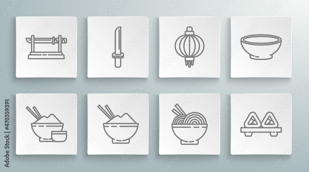 Set line Rice in a bowl with chopstick, Japanese katana, Asian noodles and chopsticks, Sushi on cutting board, paper lantern, Bowl of hot soup and Traditional icon. Vector Set line Rice in a bowl with chopstick, Japanese katana, Asian noodles and chopsticks, Sushi on cutting board, paper lantern, Bowl of hot soup and Traditional icon. Vector