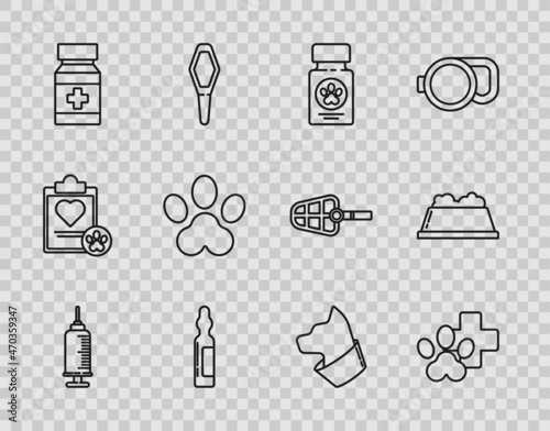 Set line Syringe with pet vaccine, Veterinary clinic symbol, Dog medicine bottle and pills, Pets vial medical, Paw print, Cat and food bowl icon. Vector