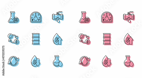 Set line Oil drop, Drop in crude oil price, Antifreeze test tube, petrol, Barrel, increase, exchange, water transfer, convert and Motor gas gauge icon. Vector