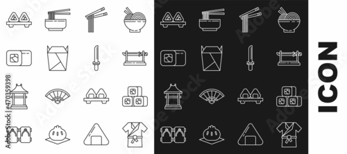 Set line Japanese costume Kimono, Sushi, Traditional katana, Asian noodles and chopsticks, Rstaurant opened take out box filled, cutting board and icon. Vector