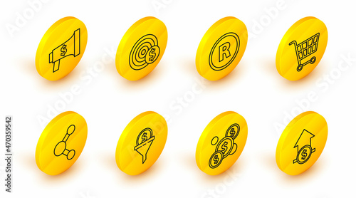 Set line Financial growth and coin, Coin money with dollar, Lead management, Share, Shopping cart, Registered Trademark, Target symbol and Megaphone icon. Vector