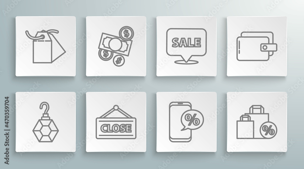 Set line Earring, Money cash and coin, Hanging sign with Closed, Percent discount phone, Shoping bag, Sale, Wallet and Blank label template price tag icon. Vector Set line Earring, Money cash and coin, Hanging sign with Closed, Percent discount phone, Shoping bag, Sale, Wallet and Blank label template price tag icon. Vector