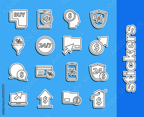 Set line Price tag with dollar, Shield, Financial growth and coin, Business man planning mind, Clock 24 hours, Lead management, Buy button and Cursor click document folder icon. Vector