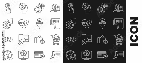 Set line Online shopping on screen, Remove cart, Buy button, Cryptocurrency coin Bitcoin, Phone and speech bubble with, Financial growth, Hand holding and Lead management icon. Vector