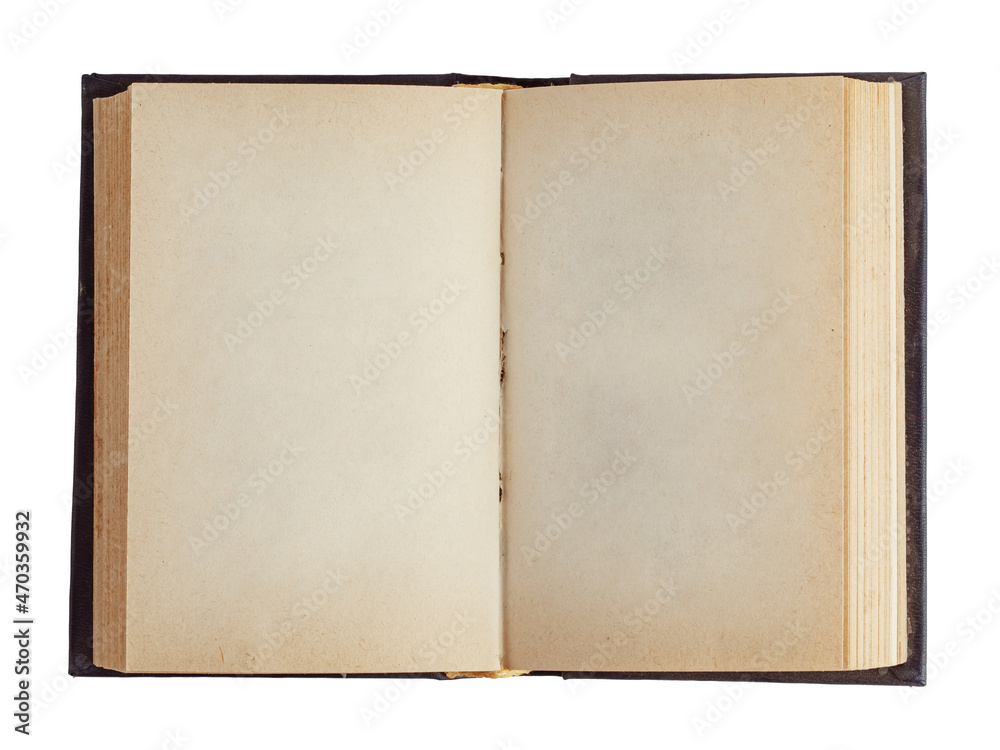 the spread of a hardcover book with blank sheets, isolated on a white background