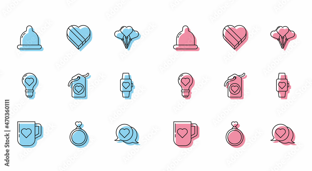 Set line Coffee cup and heart, Wedding rings, Condom, Heart speech bubble, tag, the center wrist watch, shape light bulb and Candy shaped box icon. Vector