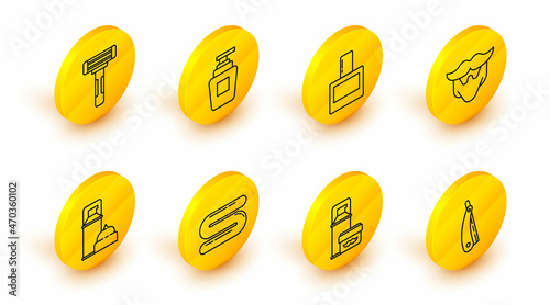 Set line Straight razor, Shaving gel foam, Towel, Mustache and beard, Aftershave, Bottle of shampoo and icon. Vector