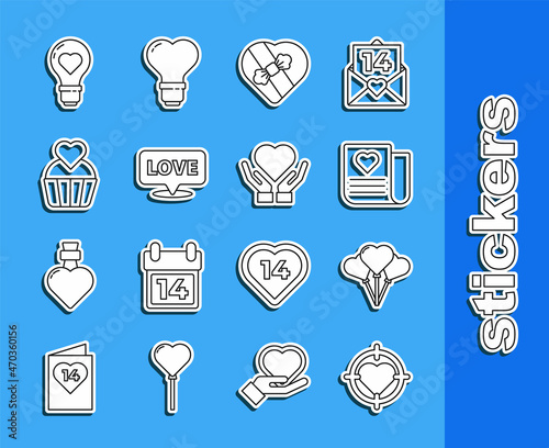 Set line Heart in the center of darts target aim, Balloons form heart, Envelope with Valentine, Candy shaped box, Speech bubble text love, Wedding cake, light bulb and hand icon. Vector