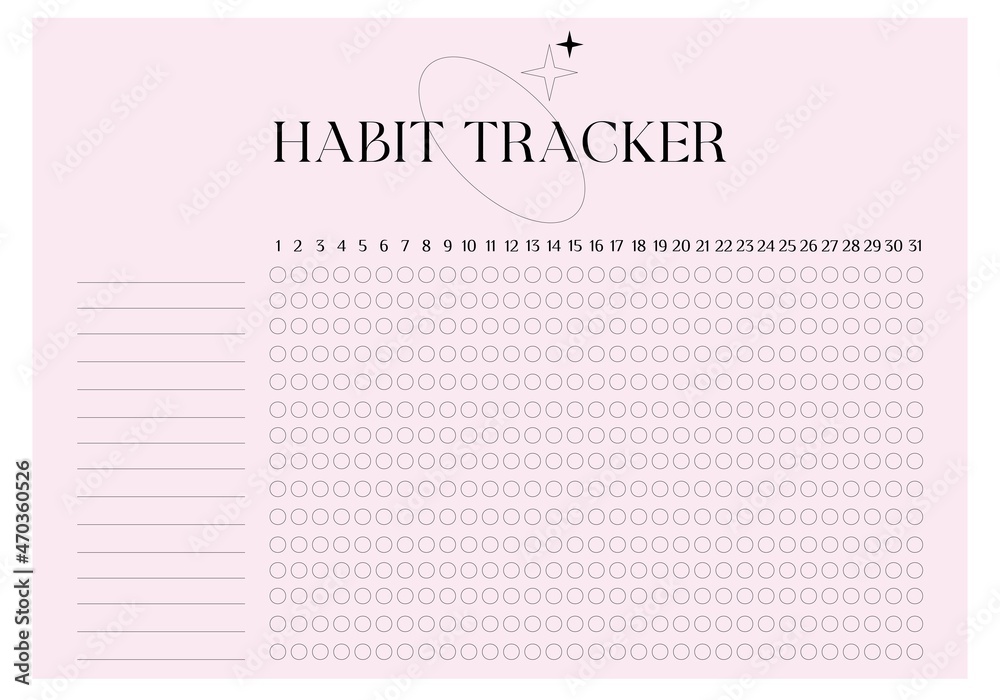 Modern collection of habit tracker daily weekly monthly planner printable template with pink background. Collection of note paper, to do list, stickers templates. Blank white notebook page A4.