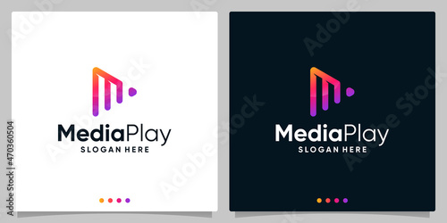 Letter M with Play button video logo design template. Premium Vector