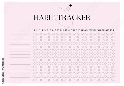 Modern collection of habit tracker daily weekly monthly planner printable template with pink background. Collection of note paper, to do list, stickers templates. Blank white notebook page A4.