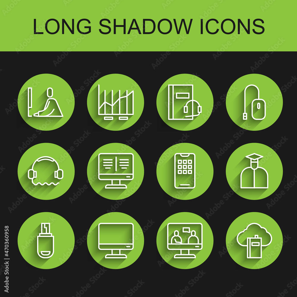 Set line USB flash drive, Computer monitor screen, Student working at laptop, Online education, Cloud online library, book, and Mobile phone icon. Vector Set line USB flash drive, Computer monitor screen, Student working at laptop, Online education, Cloud online library, book, and Mobile phone icon. Vector