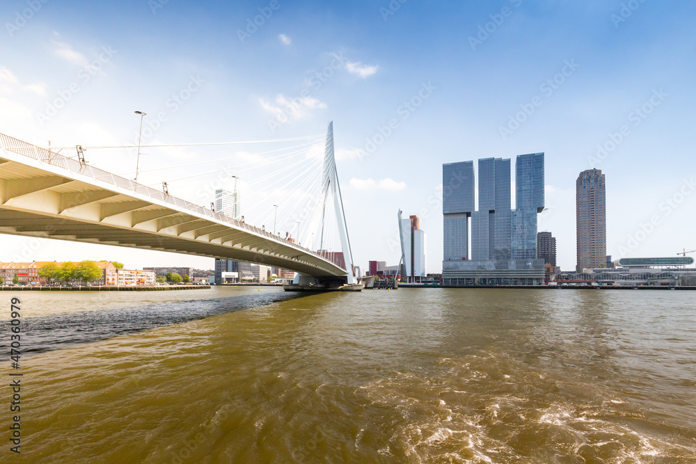 Naklejka premium Skyline of Rotterdam with Erasmus Bridge, Netherlands